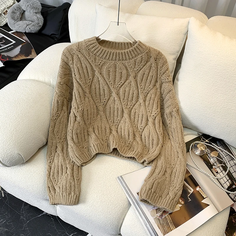 Women Pullover Soft Cable Knit Crop Sweater Long Sleeve Crew Neck Box-fit Plain Jumper Teen-girl Fall Winter Basic Outfit