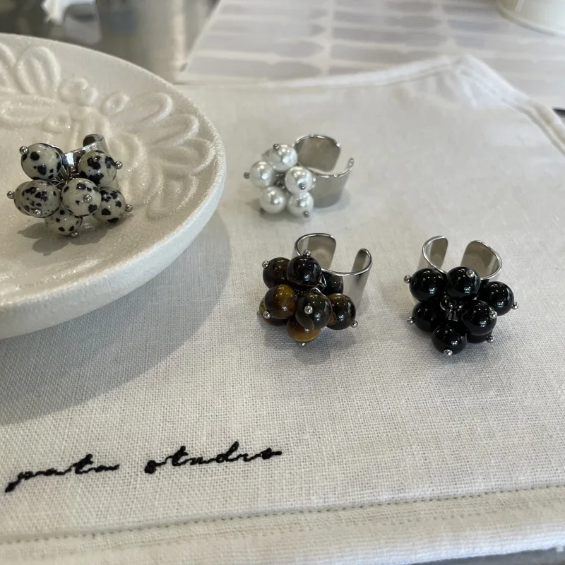 Handmade Natural Stone Black Agate Tiger Eye Beaded Ring Niche Exaggerated High-Grade Open Index Finger Ring