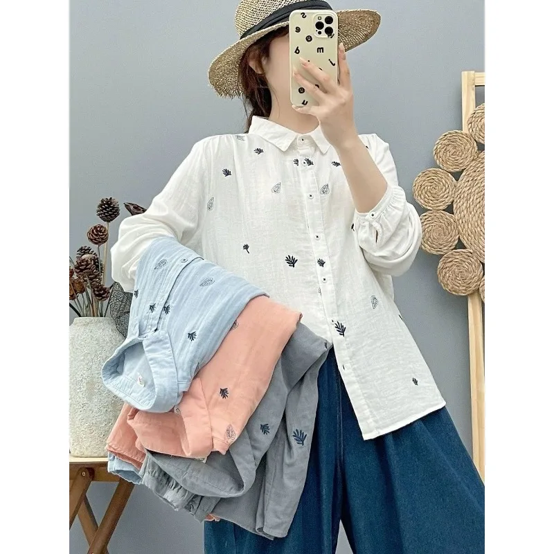 Cotton Gauze Long-sleeved Shirt for Women's Forest Style Literary and Fresh Leaf Embroidery Soft Skin-friendly Breathable Top