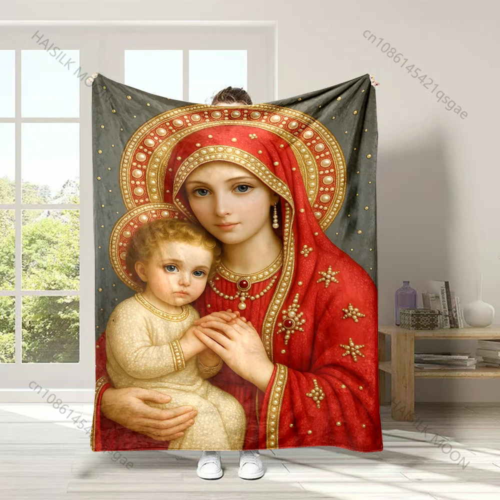 Iconic mother and child portrait Faith-printed Flannel Blanket Soft and Warm Suitable for Home Travel Picnics Camping and RV