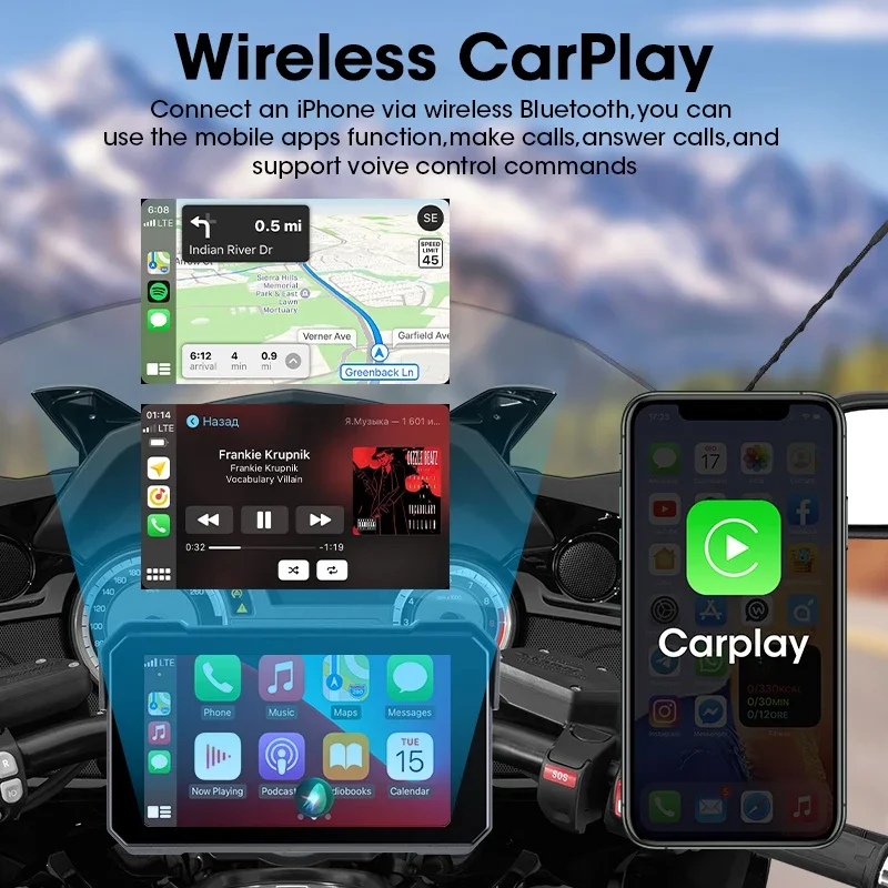 5 "المحمولة للدراجات النارية والملاحة GPS اللاسلكية Carplay وAndroid Auto Moto Monitor IPX7 شاشة مقاومة للماء مزدوجة بلوتوث 5.0 #4