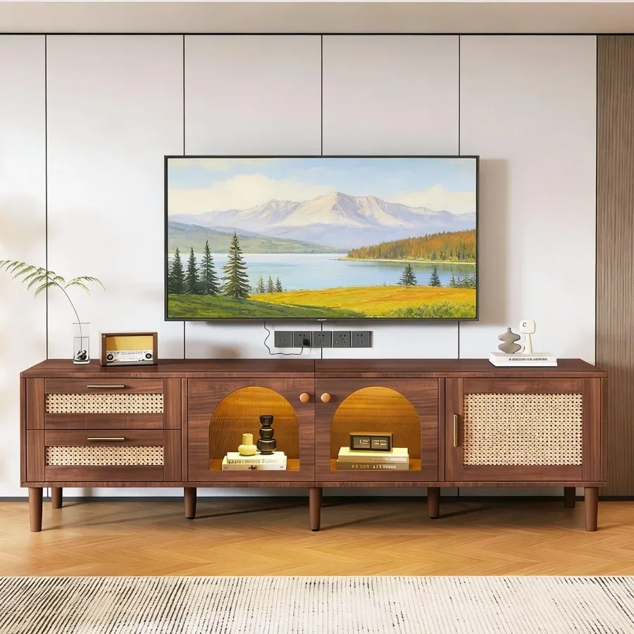 Living room rattan TV stand with 3 storage cabinets and 2 drawers for TVs up to 65, LED light entertainment center, brown