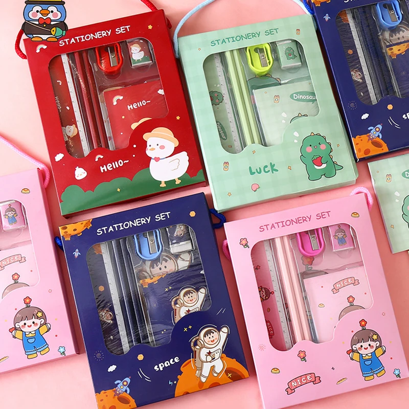 Nieuwe 6 Stuks Creatieve Kinderen Briefpapier Set Cartoon Puntenslijper Gum Notitieboek Heerser Potlood Kawaii Schoolbenodigdheden Geschenken