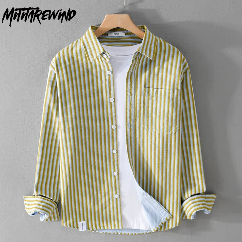 Spring Fall Striped Long Sleeve Shirt Man Daily Casual Mens Tops Lapel 100% Cotton Button Up Shirt Youth Korean Popular Clothes