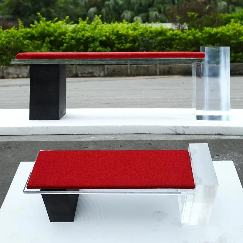 *Chic Clear Resin Stool Transparent Acrylic FRP Bench Red Seat Pad for Boutique Hotel & Retail Space