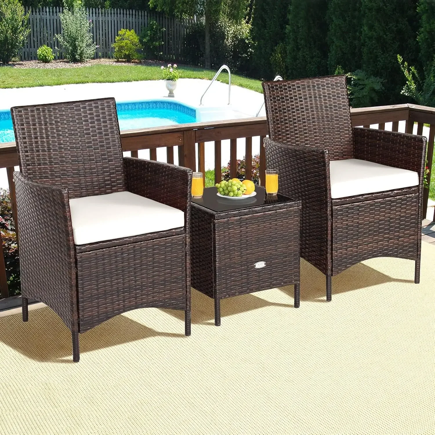 USA Stock3 Pieces Rattan Patio Bistro Set, PE Wicker Furniture Set Outdoor Conversation Set with Coffee Table & Soft Cushions Po