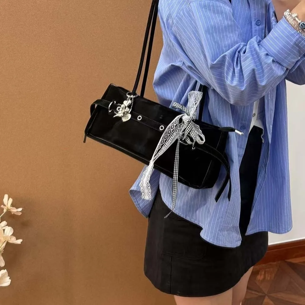 

Portable Sweet French Stick Handbag Bow Solid Color PU Shoulder Bag Large Capacity Pendant Women Underarm Bags Ladies