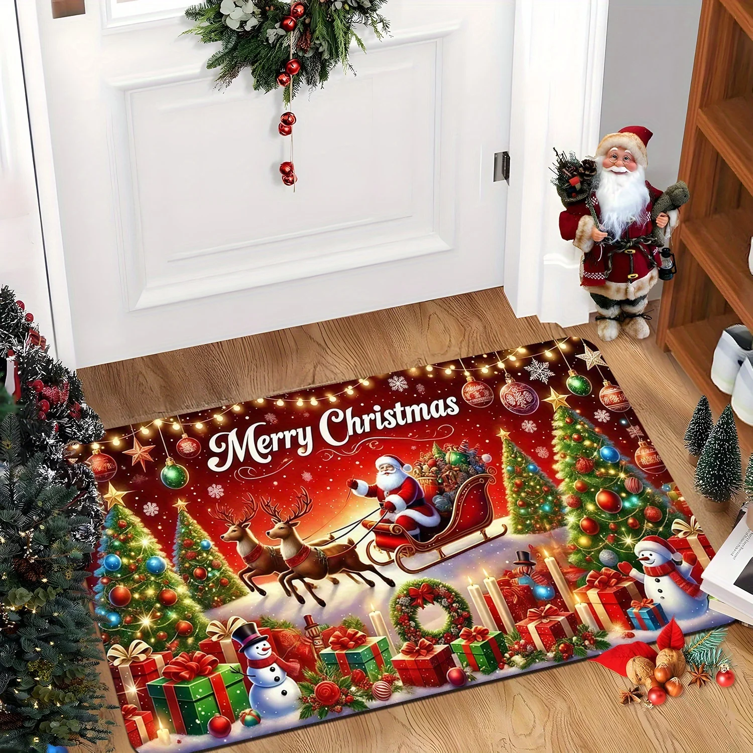 VIKAMA Christmas Doormat Santa Reindeer Sleigh Welcome Rug Non Slip Floor Mat for Home Kitchen Bathroom Entry Xmas Decor