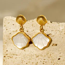 EILIECK 316L Stainless Steel White Stone Shell Earrings For Women Girl Fashion Ear Dangle Jewelry Holiday Gift Bijoux Серьги