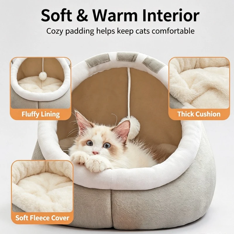 Semi-Enclosed Cat Cave Bed – Light-Blocking Design with Cat Ears, Machine Washable, Perfect for Year-Round Use