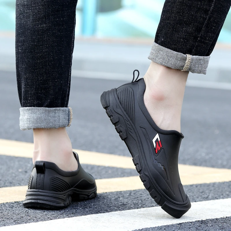 Mens Rubber Shoes Fashion Shallow Slip-on Flats Rain Shoes Waterproof Work Non-Slip Galoshes Husband Fishing Water Boot Footwear