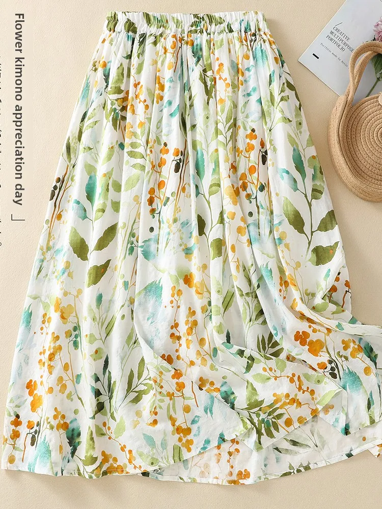 레트로 플로럴 코튼 린넨 하이웨이스트 얇은 A라인 스커트 여성 여름 미디 스커트 출퇴근용 하이웨이스트 플로럴 스커트