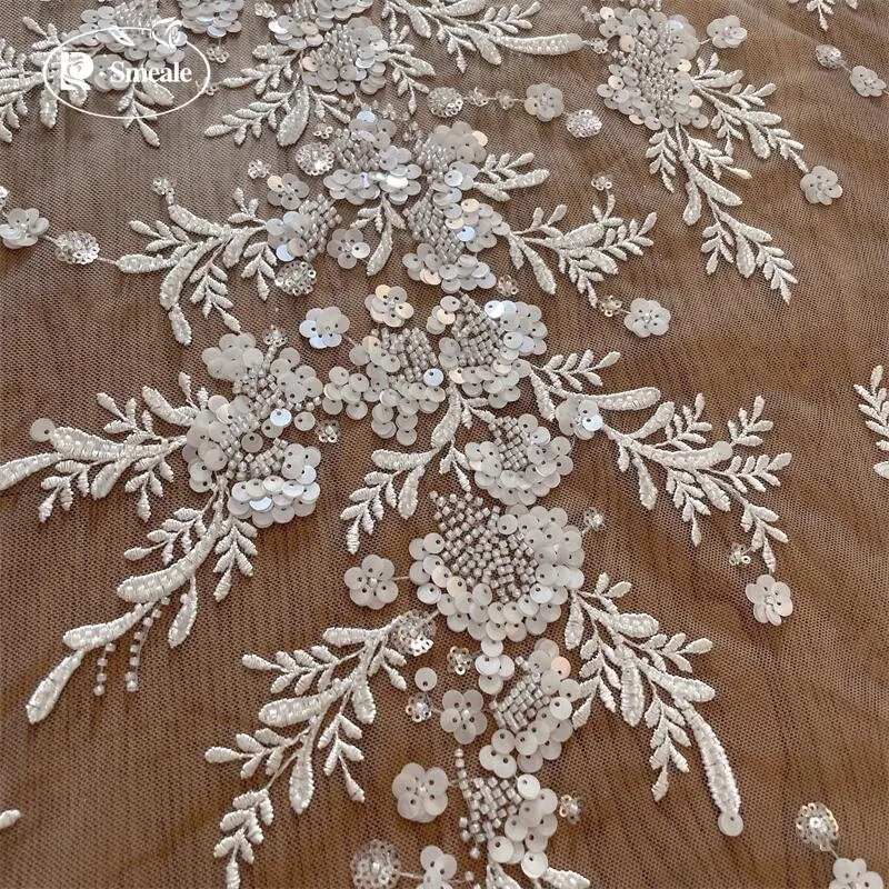 Embroidered Lace Fabric for Wedding Dress Shining, 3D Flowers, Beaded Sequins, Off-White, RS4081