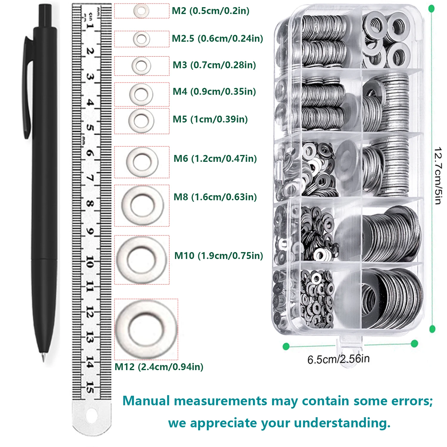 600-Piece Stainless Steel Flat Washer Assortment Kit - Durable Stainless Steel Material, Polished Surface Finish, Sizes M2-M12, Suitable for Fastening, Loosening, and Anti-Deformation of Bolts and Screws