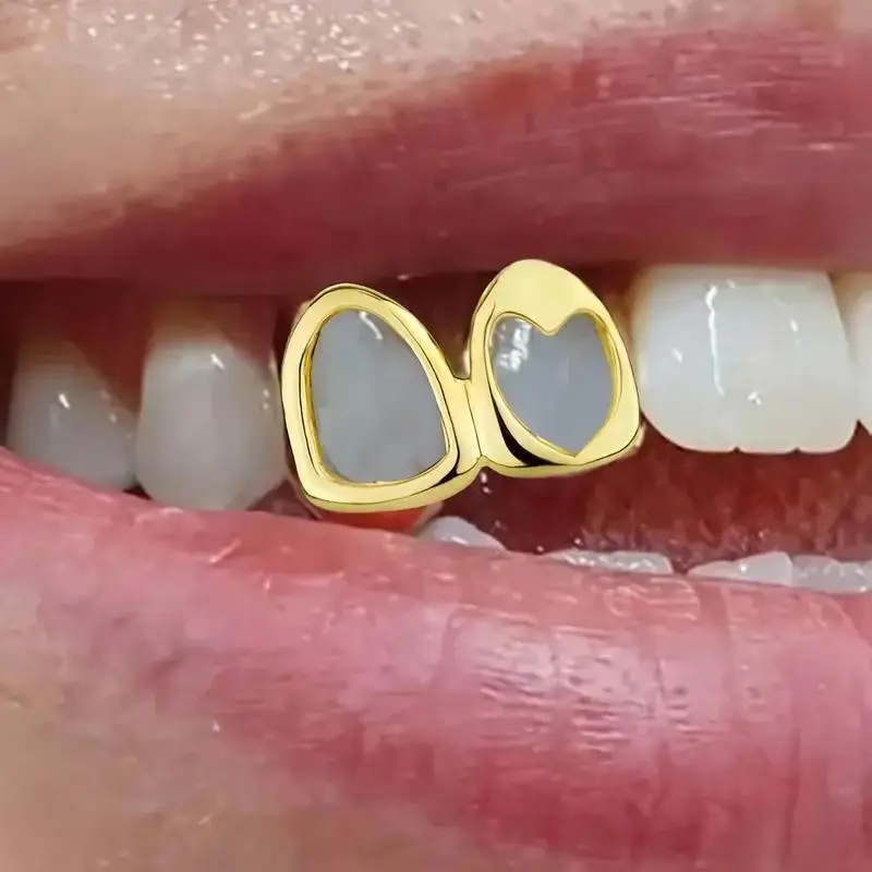 New Hollow Heart Star Teeth Grillz Double Cap Silver Dental Grills Hip Hop Cool Tooth Decor for Rapper Birthday Gift Night Club