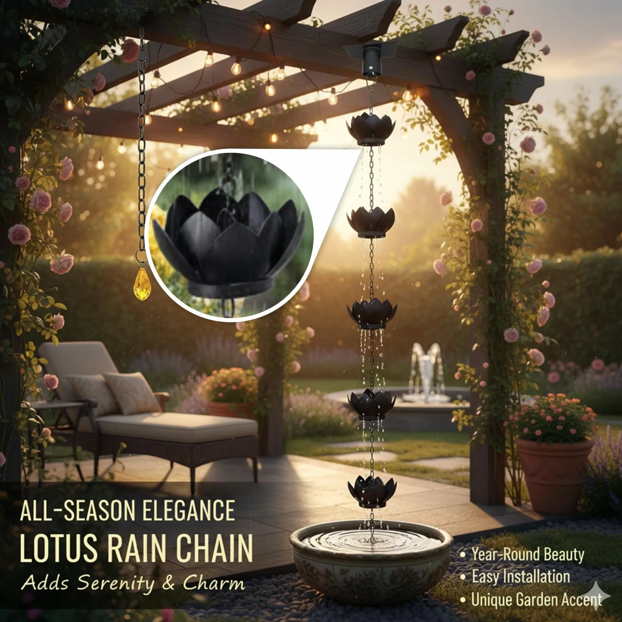 8.5 ft Dark Bronze Lotus Metal Rain Chain with Gutter Adapter, Rust Resistant Rain Catcher for Heavy Rain, Gutter Drainage Replacement & Indoor Outdoor Decor