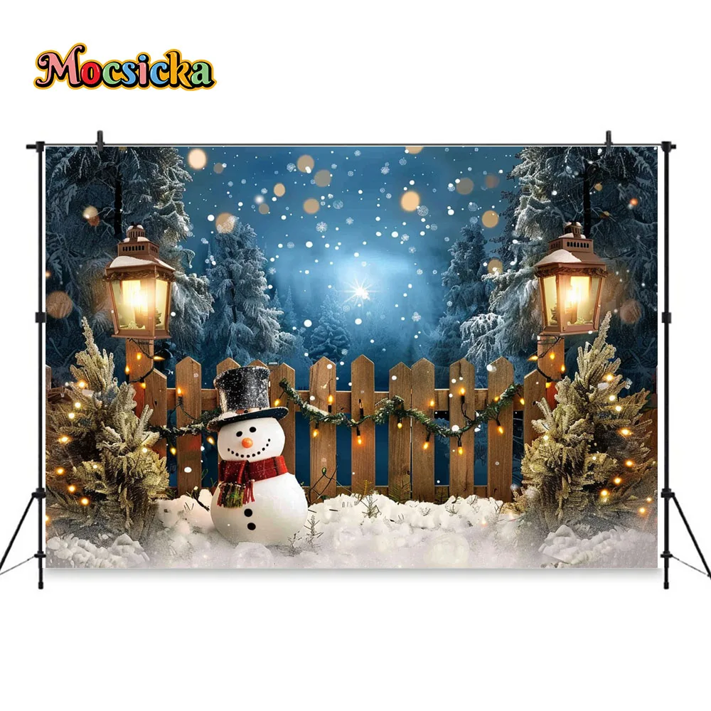 Winter Night Photography Background Snowman Snowy Christmas Tree Forest Lantern Fence Backdrop Kids Art Photo Studio Decor Booth