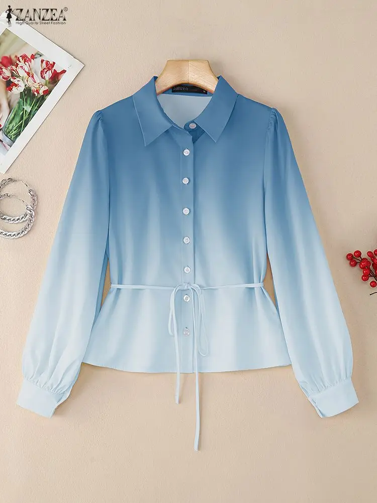 

ZANZEA 2022, модная женская рубашка с принтом тай-дай, элегантная офисная женская блузка, осенняя повседневная блузка с длинными рукавами и пуговицами с лацканами, бандажные топы