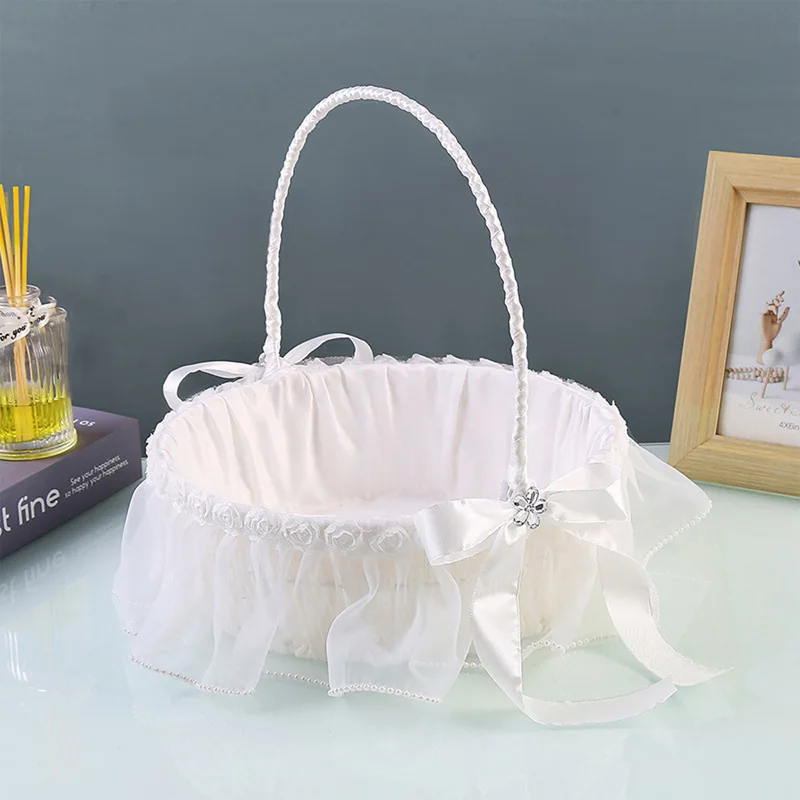 Cesta grande de pétalos para niños, suministros de boda con borde de perlas de encaje blanco puro, sueño occidental, flor de boda