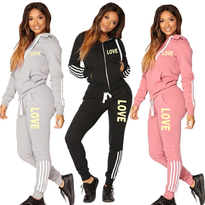 Fashion Love Letter Print Women Track Suits Sexy Sports Wear Jogging Suits Ladies Hooded Tracksuit Set  Zipper Hoodies Suit