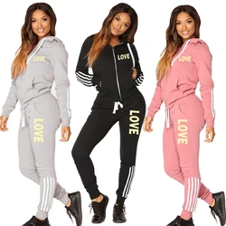 Moda aşk mektubu baskı kadınlar eşofman takımları seksi spor giyim koşu kıyafetleri bayanlar kapşonlu eşofman takımı fermuar Hoodies Suit