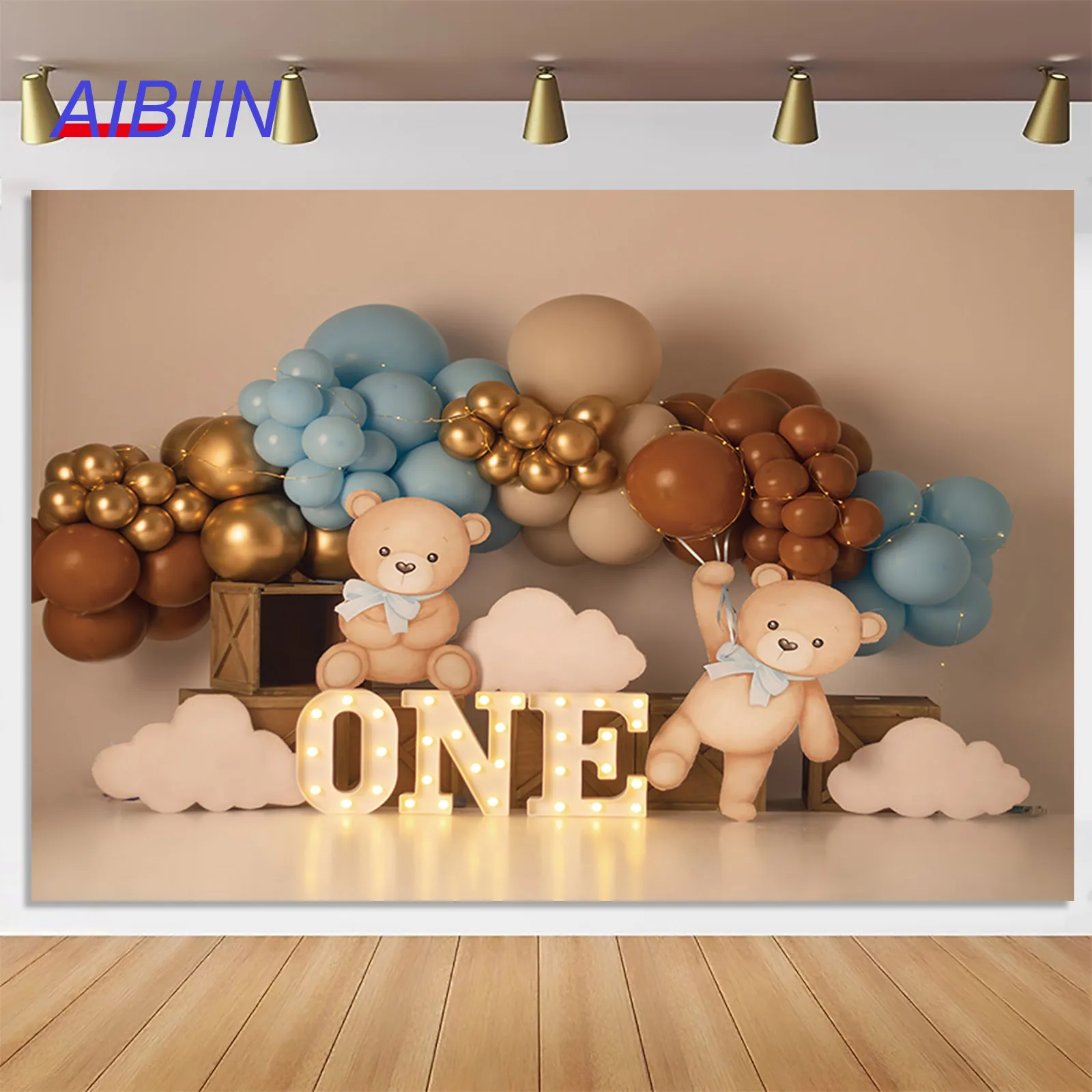 

Cute Bear Photography Background White Clouds Colorful Balloons Party Decor Backdrop Kids Cake Smash 1st Birthday Photozone