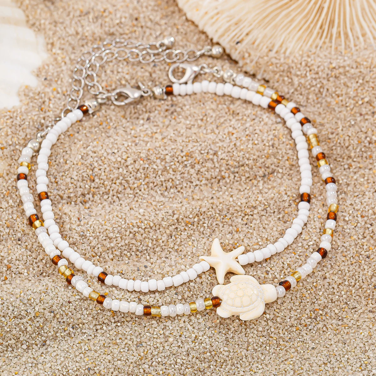 Ingemark 2Pcs Kpop Boho Starfish Turtles Conch Seed Beads Chain Anklet for Women Summer Beach Sweet Ankle Barefoot Y2K Jewelry