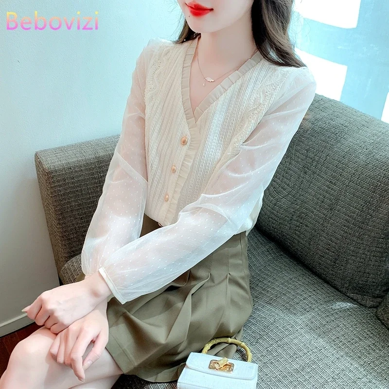 Casual Fashion Long Sleeve Lace Stitching Shirt Female Autumn New V-neck Sweet Blouse Top