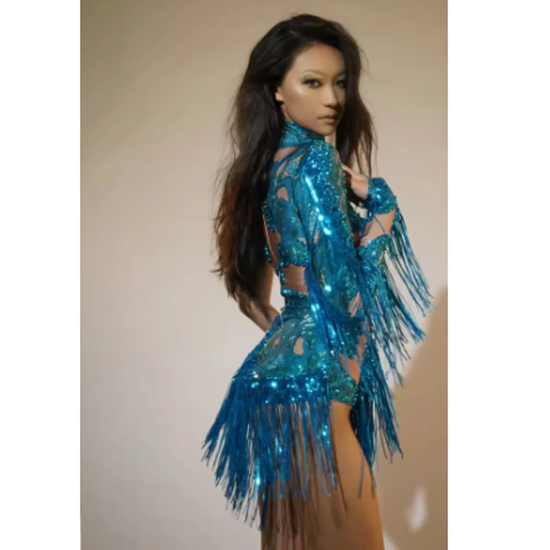 Kostium taneczny dla kobiet Seksowny obcisły trykot dla piosenkarki Tancerka Pokaz sceniczny Błyszczące niebieskie cyrkonie Frędzle Body na jedno ramię