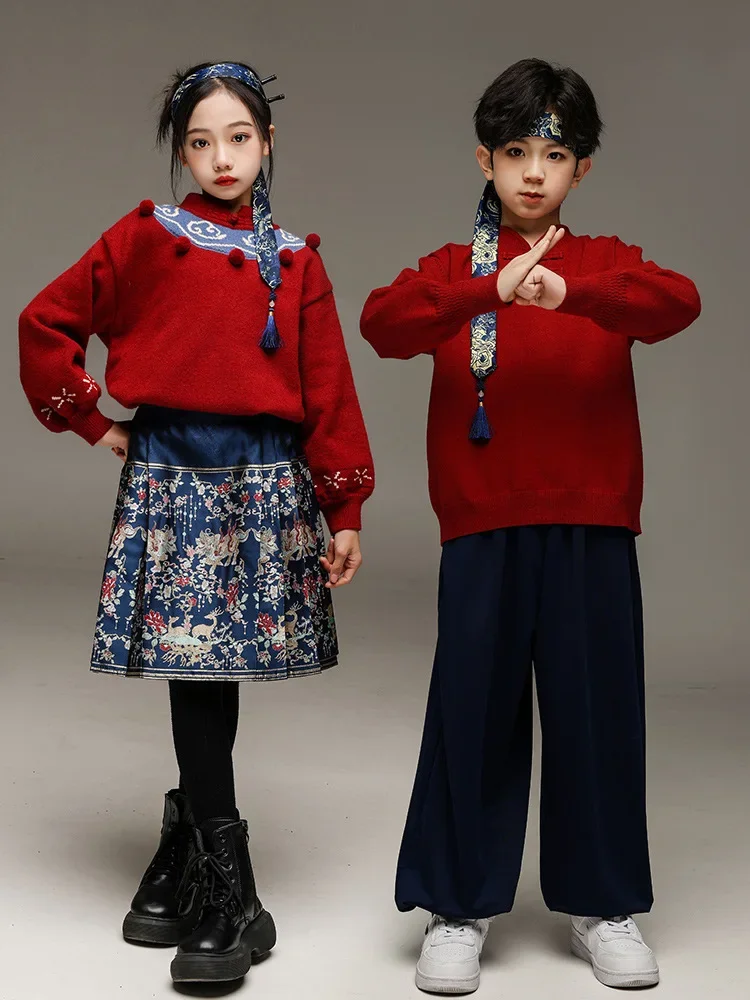 Jongens Rode Hip Hop Kostuum Rode Top Broek Paard Gezicht Rok voor Meisjes Kids Jazz Kleding Street Dance Stage Set