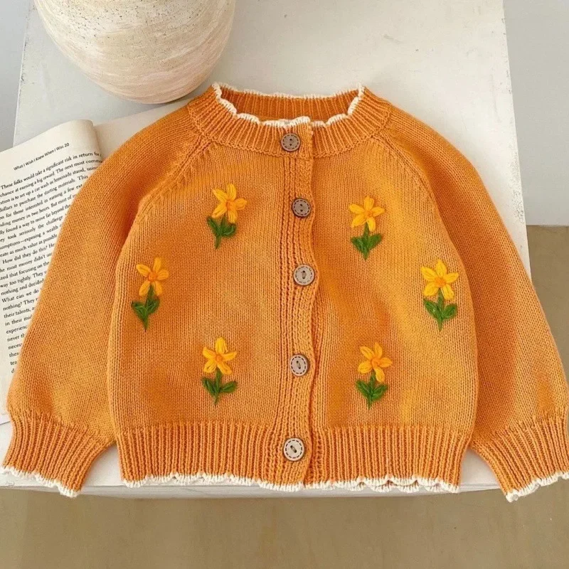 Spring Autumn Baby Girls Knitted Cardigan Sweater Coat 1-3years Girls Flower Embroidery Long Sleeve Jacket Baby Clothes