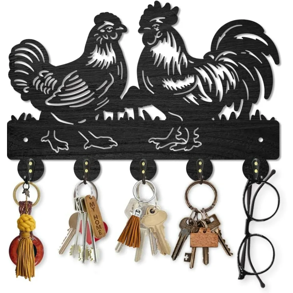 Rooster Hen Coat Hooks Wall Mount Wood Farmhouse Animal Mushroom Key Holder for Wall 11.8×7.9inch Decorative Key Rack 5 Alloy