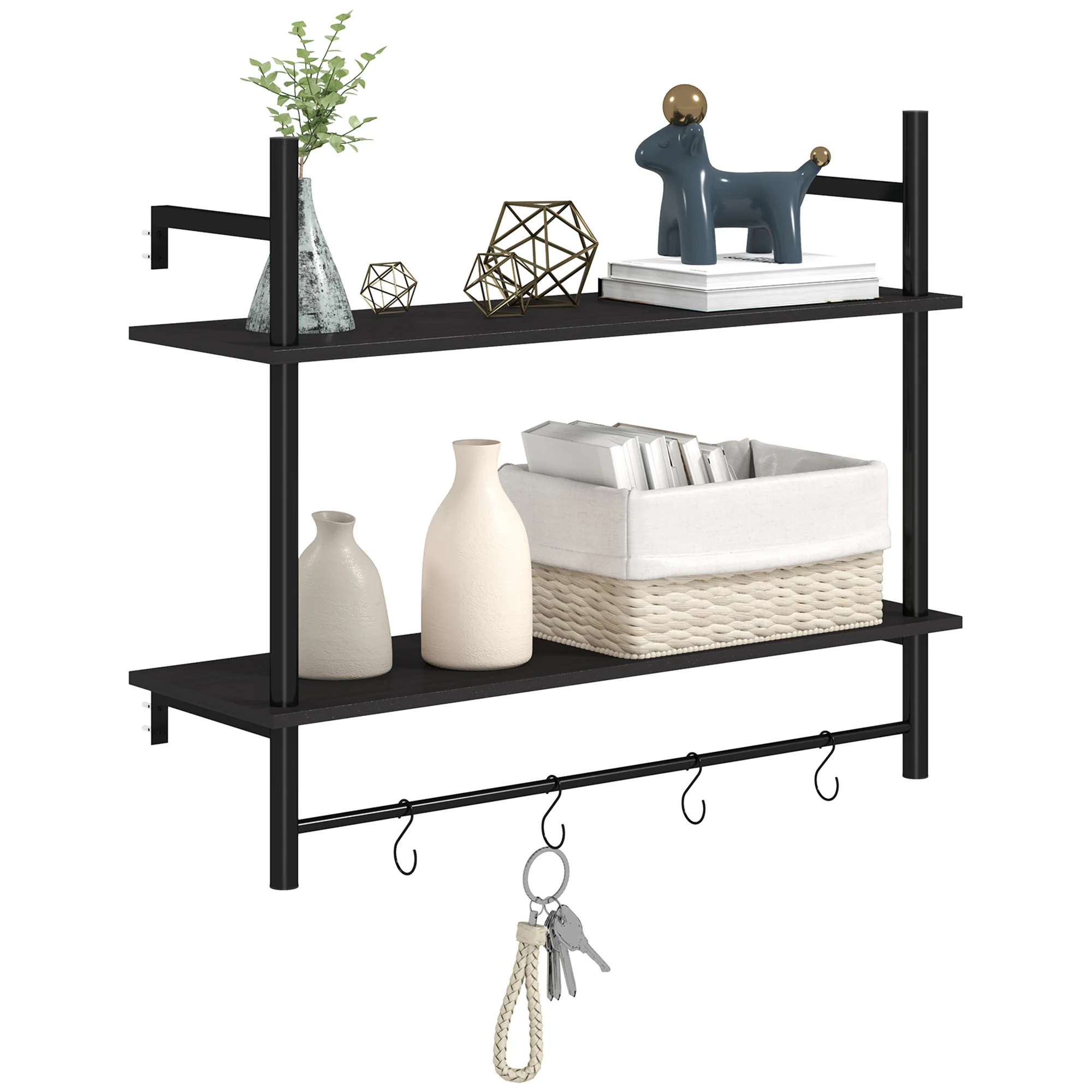 Homcom 2-laags wandplank met haken Planken 80X24X65 cm Zwart