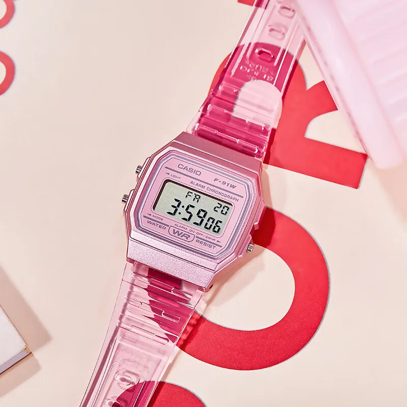 ساعة كاسيو للرجال ريترو مربعة عصرية ساعات كوارتز شفافة بحزام راتينج طالب رياضية بسيطة مقاومة للماء F-91WS-2