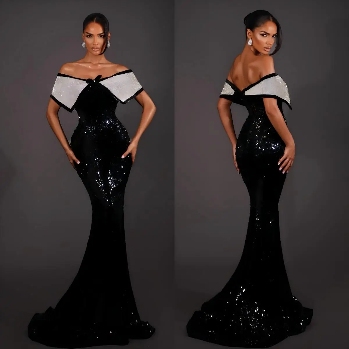 Luxury Black Sequin Off-Shoulder Mermaid Dress with Contrast White Collar and Bow Detail Women Evening Gown Customized B262846