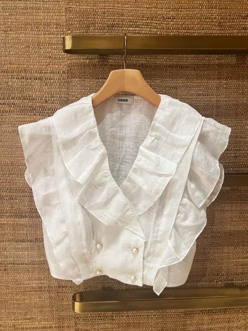 

Весна 2025: Новая женская модная блузка без рукавов с двойным слоем и оборками, с завышенной талией, в деловом стиле, из льняной смеси, с защитой от УФ-излучения