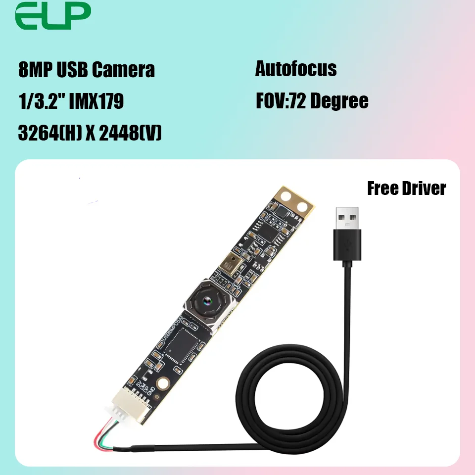 ELP 8MP USB Camera Module, IMX179 Sensor, Autofocus Lens, Mini PCB Board with Microphone, Lightburn Camera, UVC Plug&Play