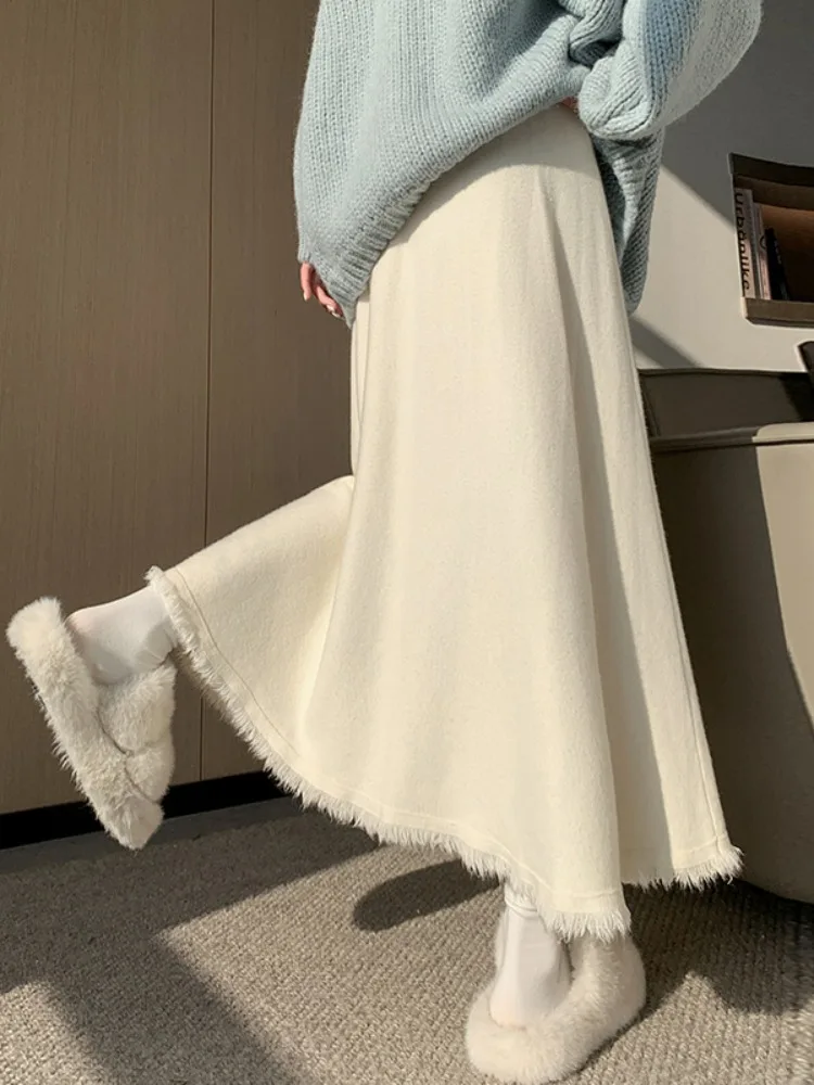 Witte Kwastje Gebreide A-lijn Rok Dames Herfst Winter Losse Gedrapeerde Lange Paraplu Rok Hoge Taille Casual Wolmix Rok