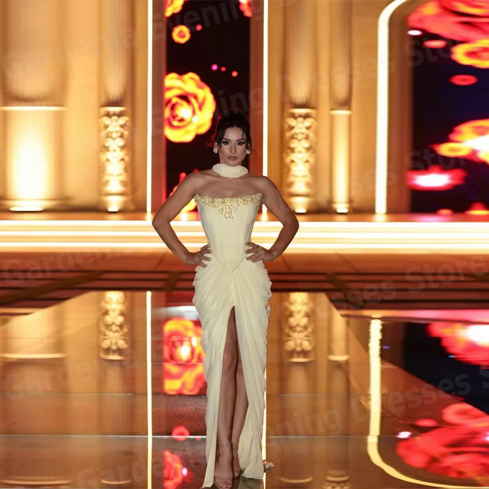 

Charming Strapless Mermaid Women's Evening Dresses Sleeveless Backless Prom Gowns Customized Beaded Vestidos De Fiesta Elegantes