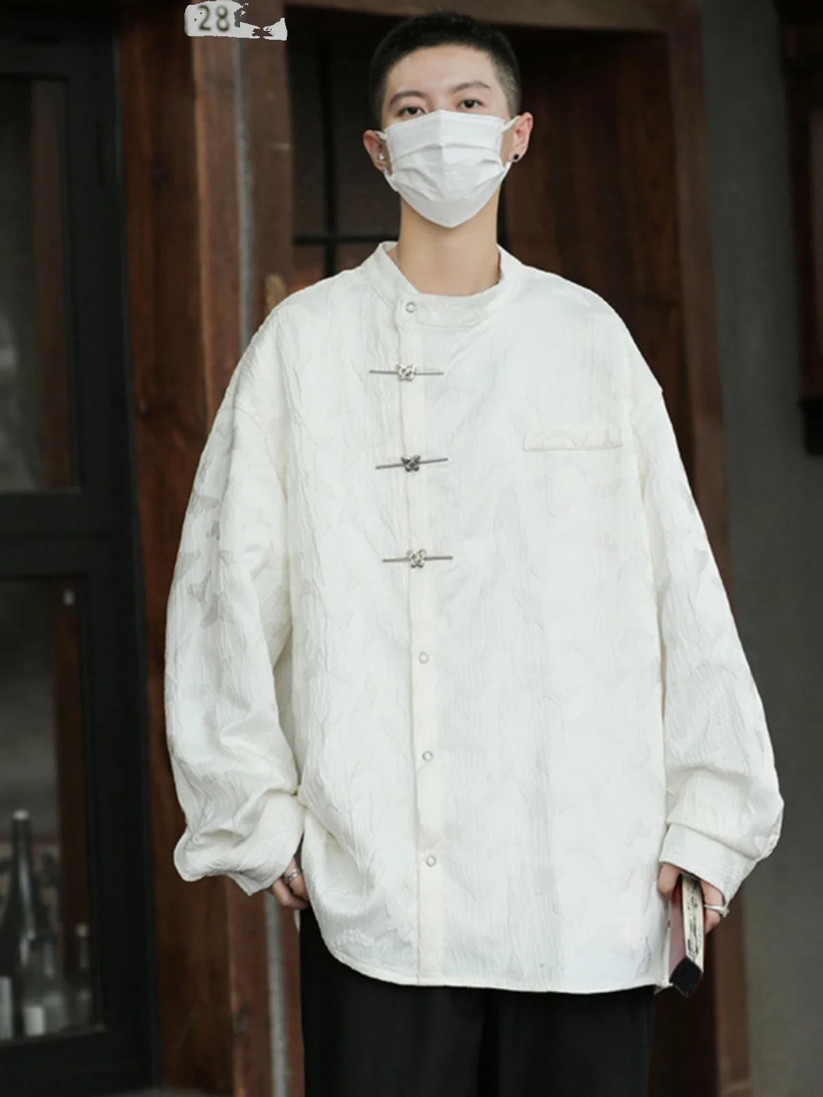 

Loose Long Sve Men's irt Chinese Sle Spring Autumn Trendy Outerwear National Sle Button up Floral Embroidery