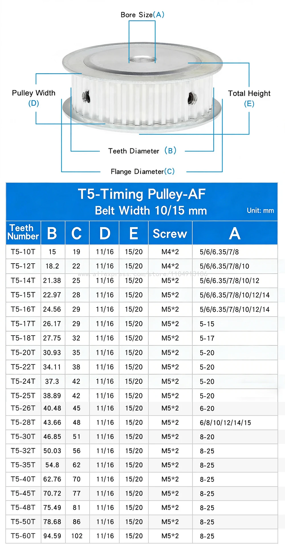 Timing Pulley T5-30/32/34Teeth Bore 5/6/6.35/8-30mm Alloy Wheels AF Shape For T5 Width 10/15/20/25mm Timing Belt Teeth Pitch 5mm