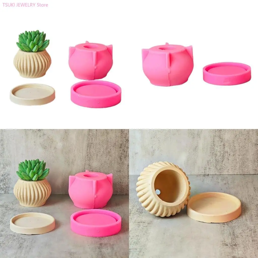

62KE DIY Flower Pots Mold with Tray Concrete Mold Striped Pattern Silicone Material