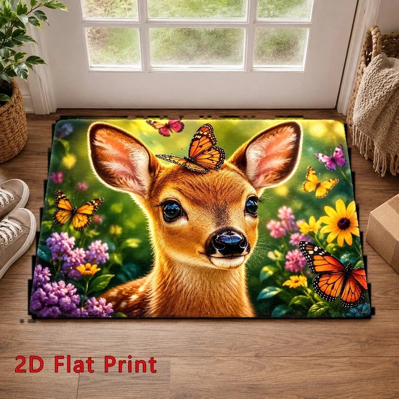 Outdoor Doormat Watercolor Deer Family Printed Carpet Botanical Wreath Purple Lavender For Front Doorway Hallway Home Decor