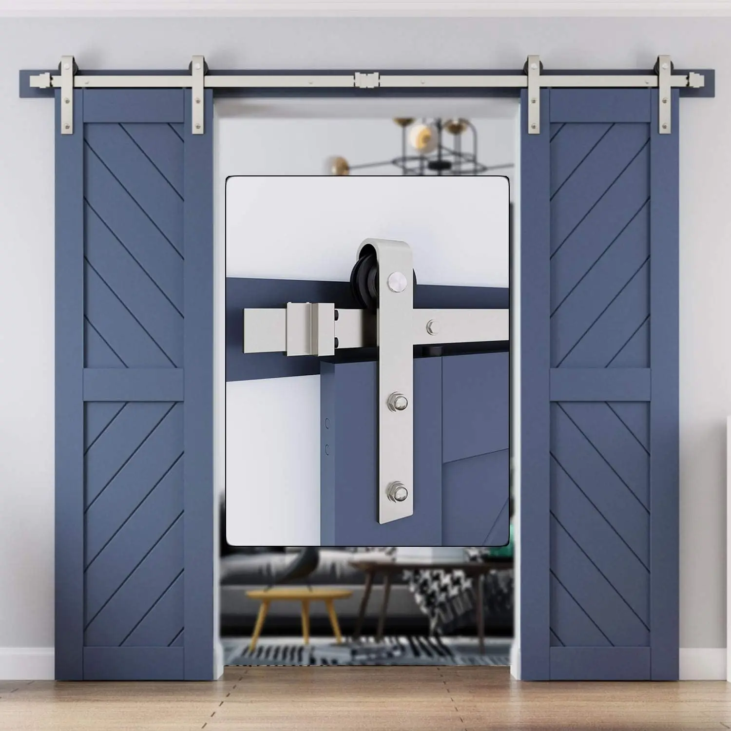 Nickel Brushed 8 Feet Pair Sliding Barn Door Hardware Rail Set Basic J Roller Heavy Duty Sliding Smooth Silent Simple Mount Fits
