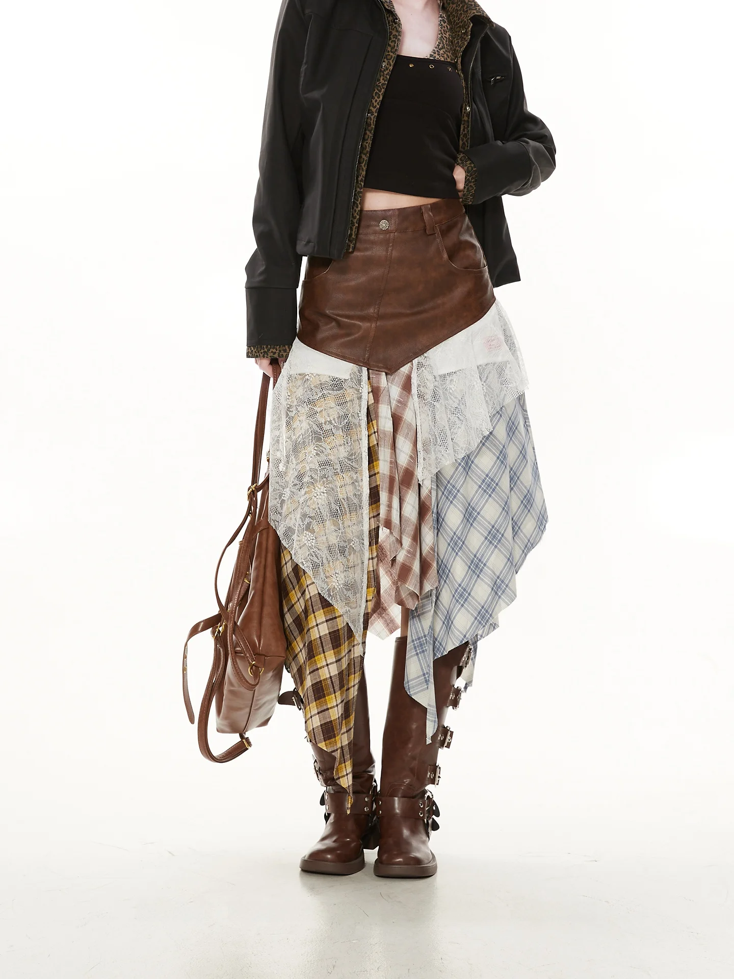 

Уникальная дизайнерская юбка из ПУ с пэчворком, женская летняя асимметричная короткая юбка в повседневном стиле, приятная для кожи, дышащая, из хлопка