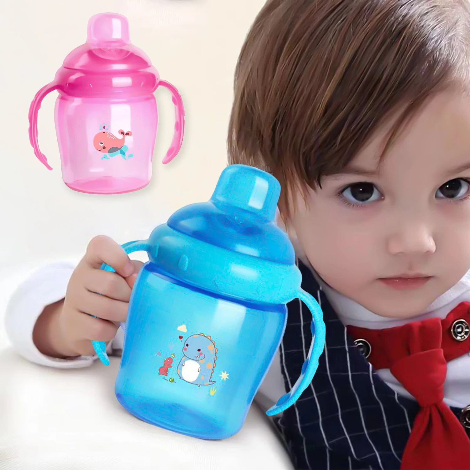 7-36 months old baby thick silicone duckbill cup with handle, 225ml, 2 colors available, inverted without leakage, BPA free