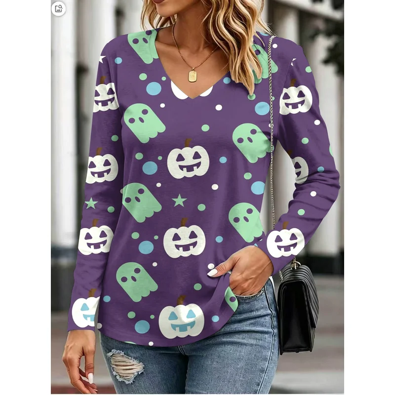 European and American Halloween Women's Printed CostumesVCollared long-sleeve shirt loose and comfortable versatile for layering
