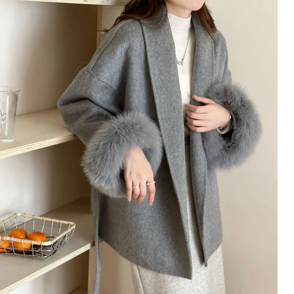 

2023 Autumn Wool Coats Fox Fur Drouble Face Wooen Coat Regular Length Women Elegant Woolen Coat Veste Femme Tops New