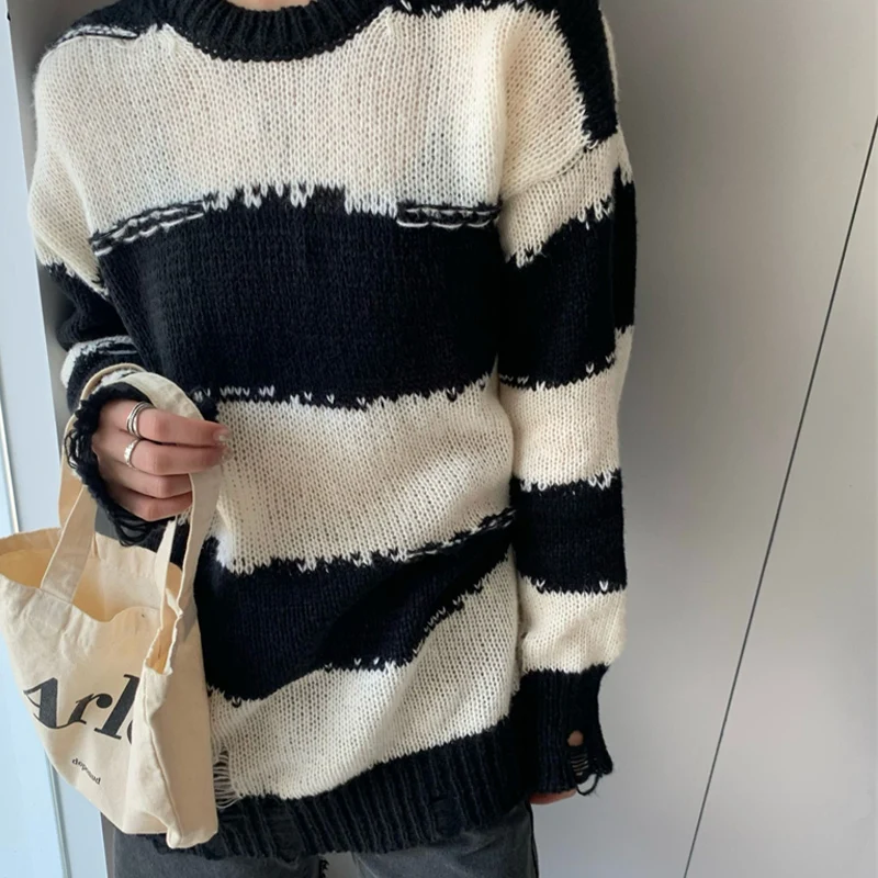 Striped Loose Sweater Knit Pullover Women Long Sleeve Top Hole Gothic American Street Style Korean Fashion Jumper Vintage Autumn