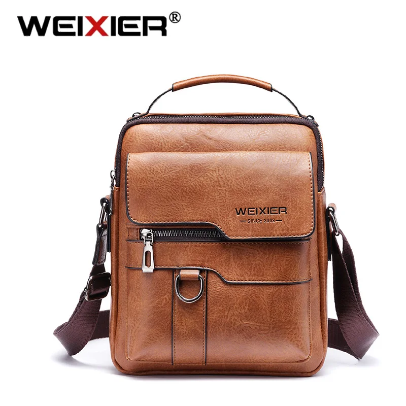 WEIXIER Man New Shoulder Bag Retro Vertical Handbag Business Travel Brand PU Leather Crossbody Bags Casual Mens Tote Leather Bag